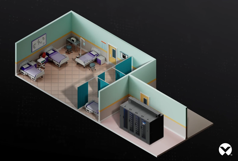 Vertiv&trade;&nbsp;SmartRow&trade; 2 enclosed cabinet lineup in a small adjacent room, illustrating a compact option for local compute, power, cooling, and monitoring near clinical areas without major construction.