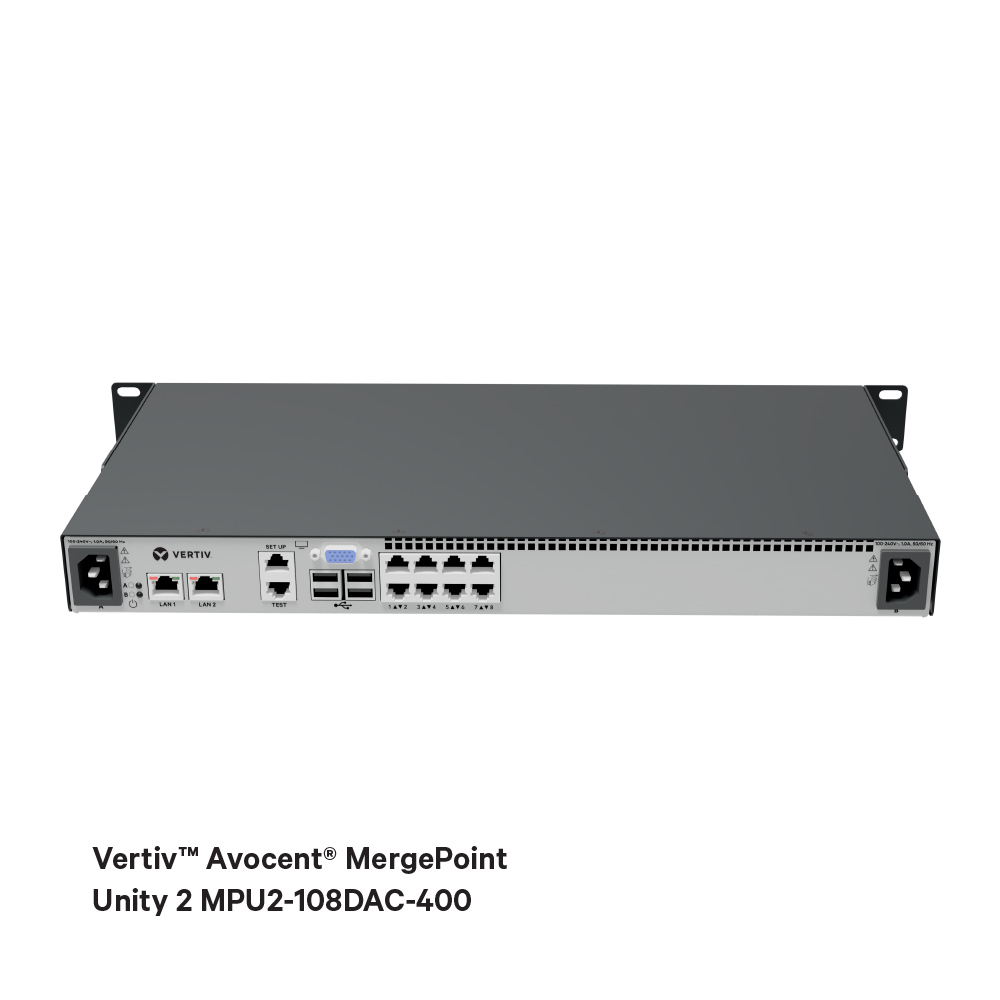 Vertiv™ Avocent® MergePoint Unity 2 MPU2-108DAC-400, Conmutador KVM sobre IP, 8 puertos, 1 de configuración remota, 1U Image