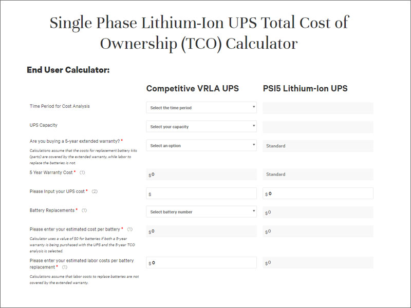Single Phase Lithium-Ion UPS Total Cost of Ownership (TCO) Calculator  Image